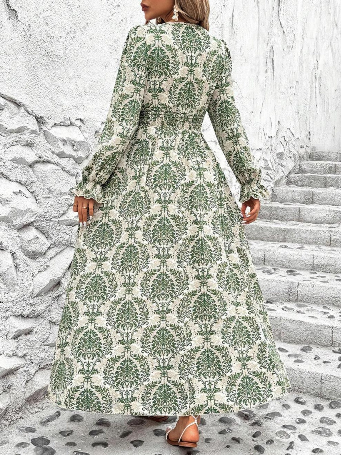Smocked Printed V-Neck Flounce Sleeve Dress - Classique Collection