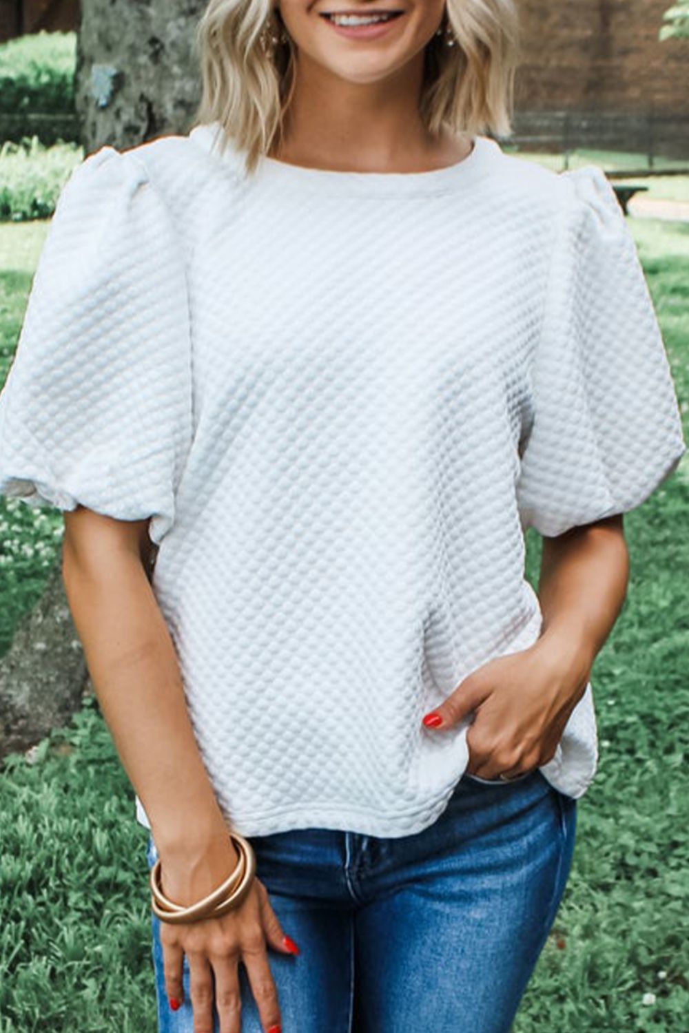 Textured Round Neck Puff Sleeve Blouse - Classique Collection