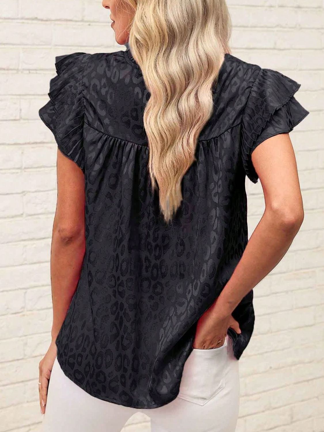 Leopard Frill Mock Neck Ruffled Cap Sleeve Top - Classique Collection