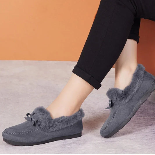 Women Winter Casual Shoes New Moccasins Soft Flat Non-slip Loafers Fashion Comfort Warm Plush Bow Slip on Female Cotton Shoes - ClassiQ