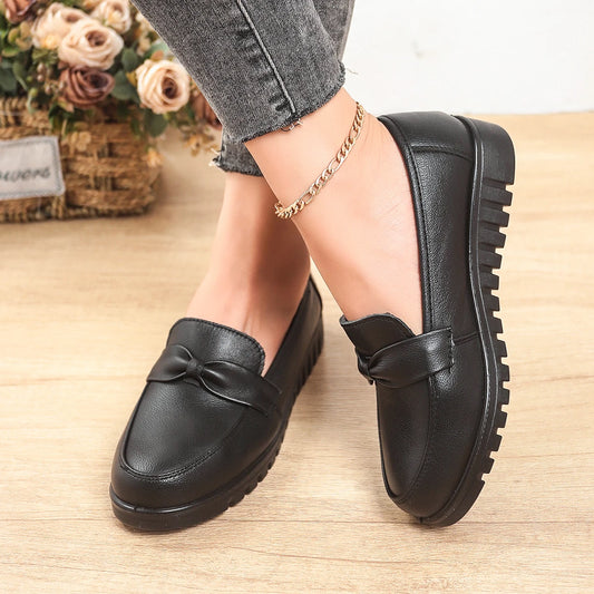 Women's Bow Detail Leather Flat Shoes - Slip On Casual Loafers with Non-Slip Sole - ClassiQ