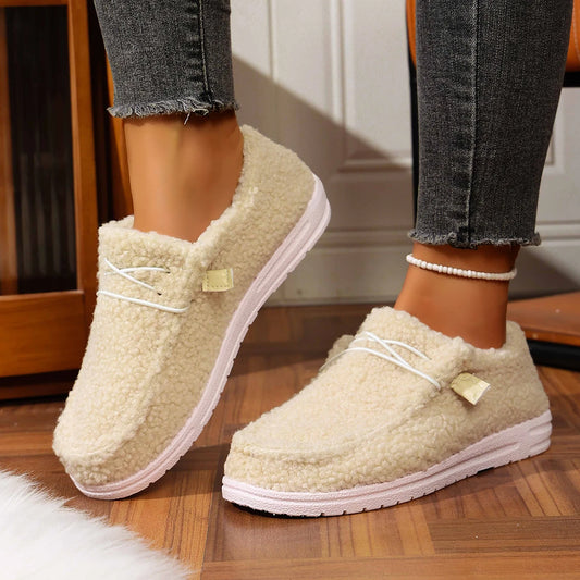 Large Size Women Cotton Shoes 2025 Winter New Flat Outdoor Non Slip Low Help Loafers Comfortable Plush Thicken Casual Warm Shoes