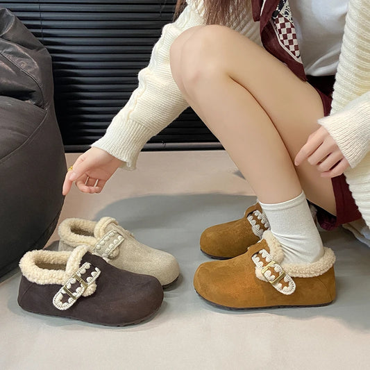 2025 /Winter Fashion Flat Shoes Comfortable Keep Warm Plush Flat Round Head Loafers Women's Shoes Zapatos De Mujer 3629