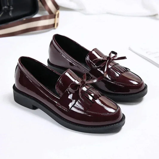 Womens Shoes Patent Leather Women Loafers British Tassel Casual Female Flat Shoes Bowknot Small Leather Shoe Comfortable Zapatos - ClassiQ