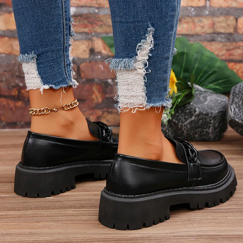 Women's Platform Loafers with Chain Decor Fashion Preppy Style Dress Shoes Woman Patent Leather Slip On Ladies Flats Plus Size
