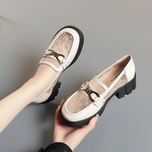 Summer British Style Mesh Hollow Loafers Women's Shoes Fashion Soft Leather 2024 Retro Office Footwear Slip On Pumps Simple