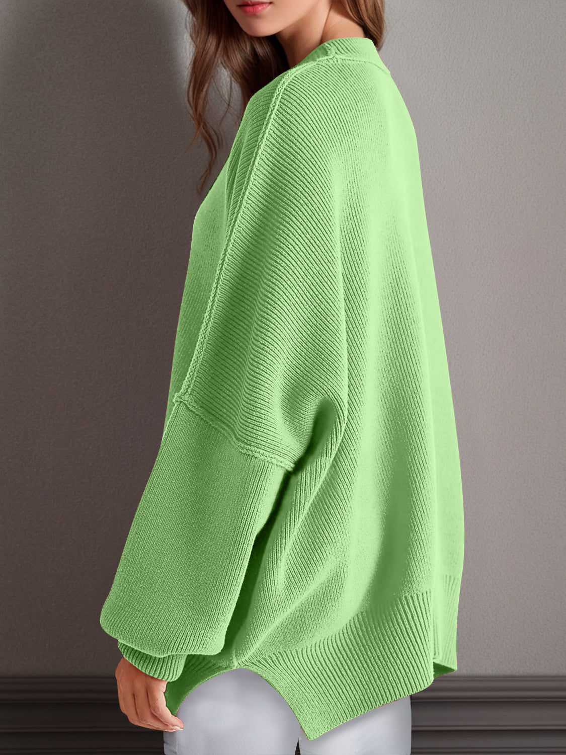 Double Take Side Slit Round Neck Long Sleeve Sweater - ClassiQ