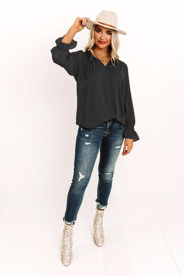 Swiss Dot Tie Neck Flounce Sleeve Blouse - ClassiQ