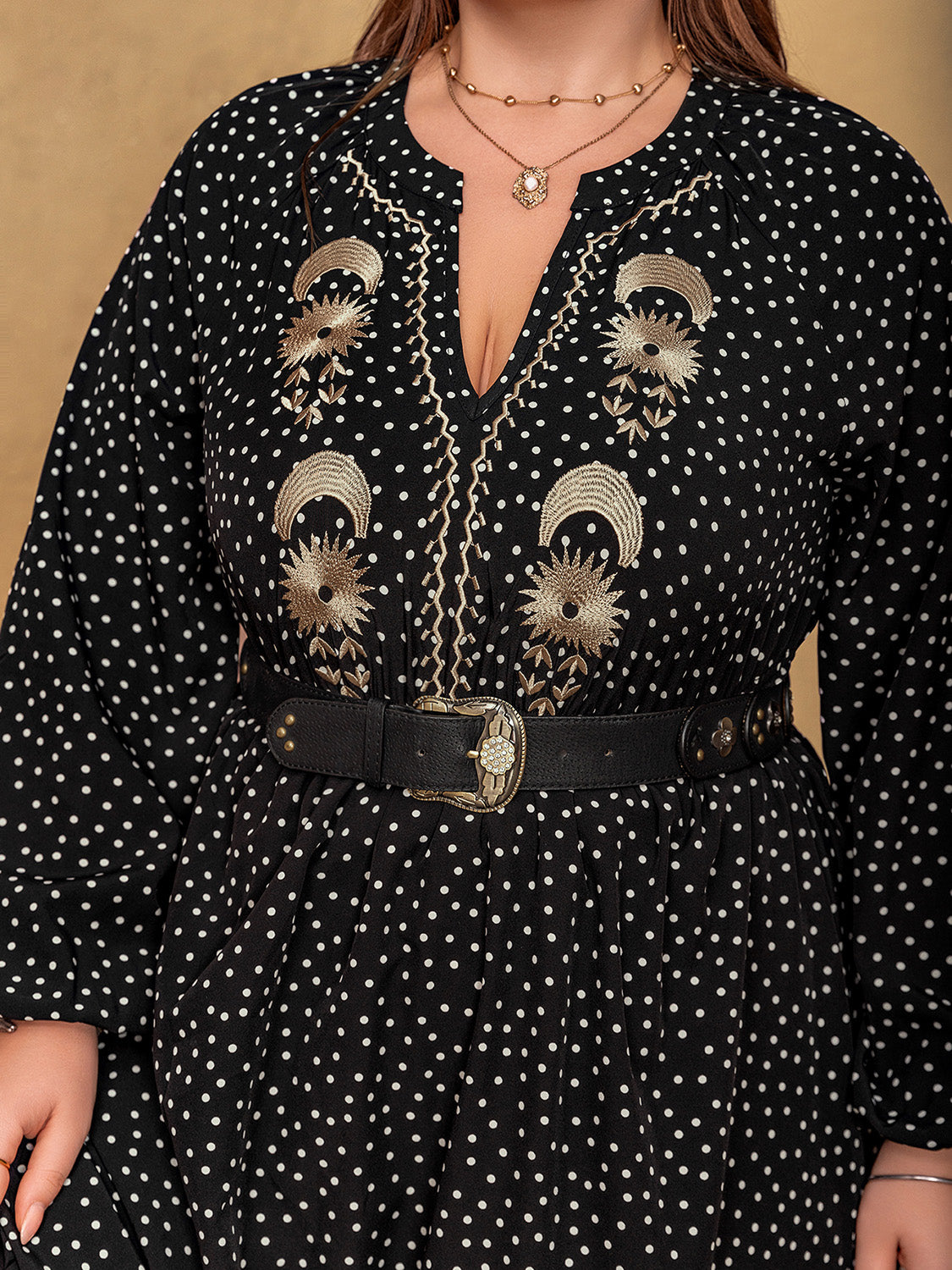 Plus Size Embroidered Polka Dot Notched Long Sleeve Dress - Classique Collection