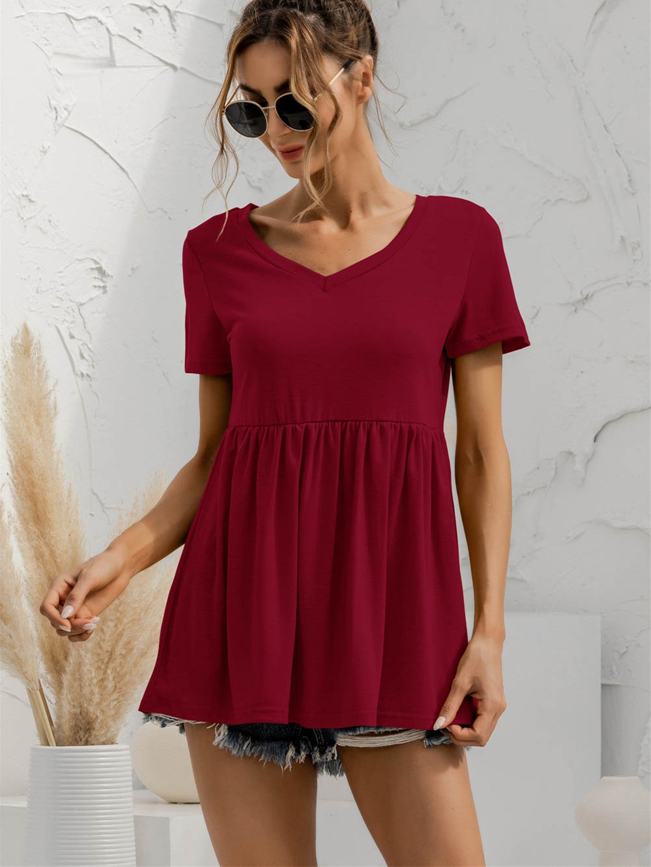 V-Neck Short Sleeve Babydoll Top - Classique Collection