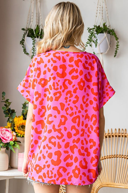 First Love Leopard V-Neck Short Sleeve Woven Top - ClassiQ