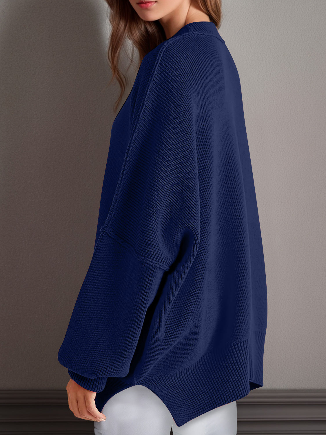 Double Take Side Slit Round Neck Long Sleeve Sweater - ClassiQ