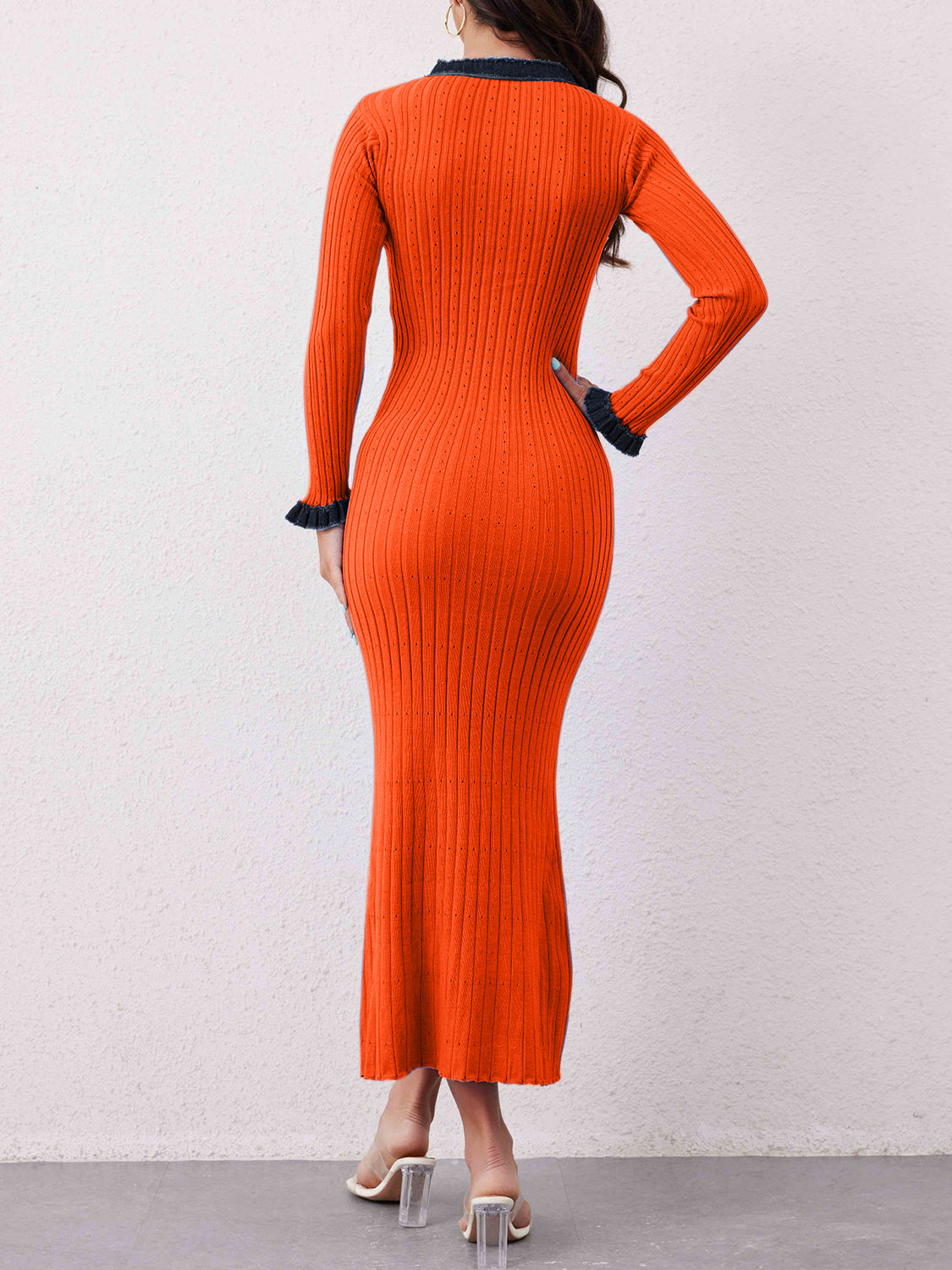 Contrast Trim Round Neck Long Sleeve Sweater Dress - Classique Collection