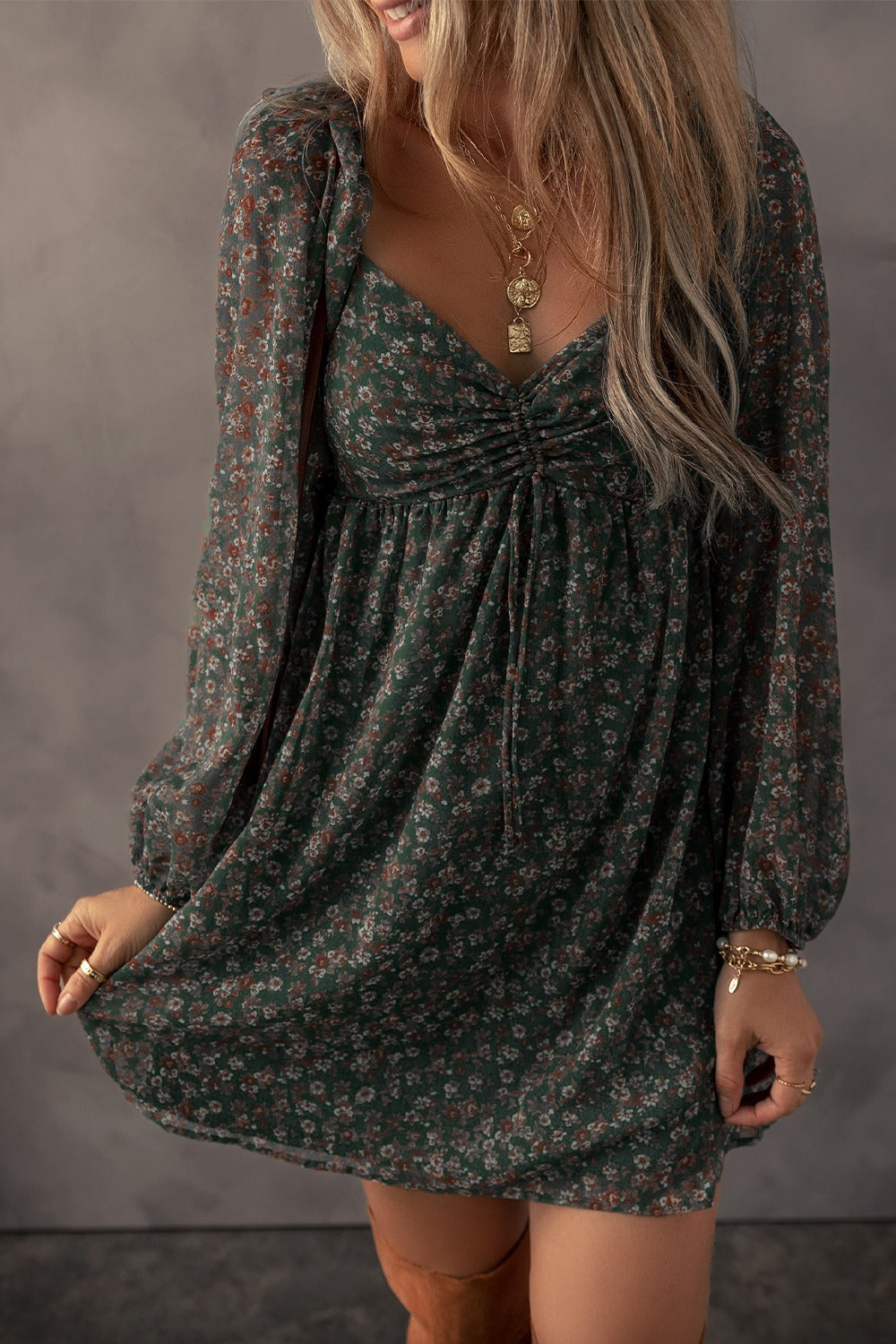 Ruched Printed Long Sleeve Mini Dress - Classique Collection