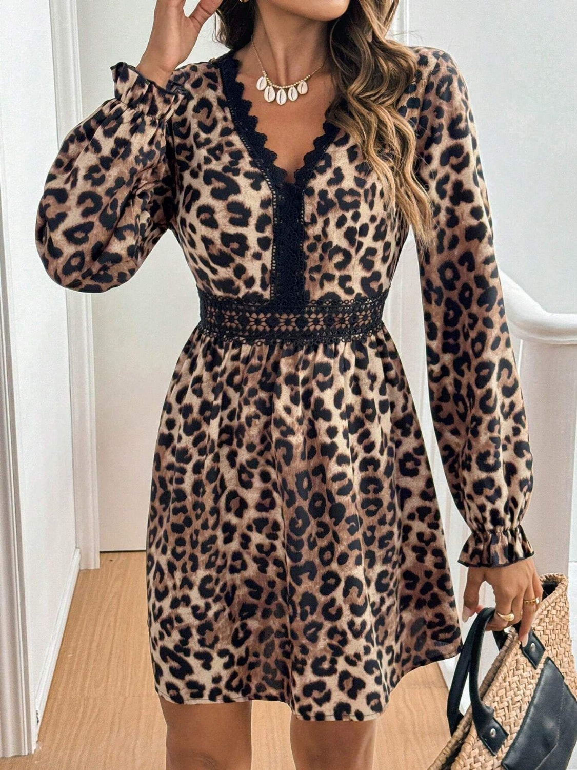 Lace Detail Leopard Flounce Sleeve Mini Dress - Classique Collection