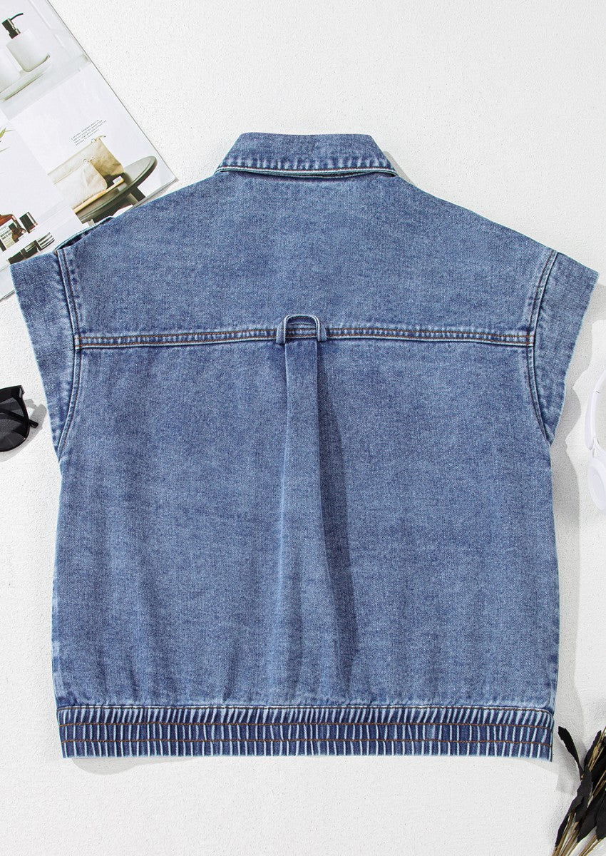 Button Up Cap Sleeve Denim Jacket - ClassiQ