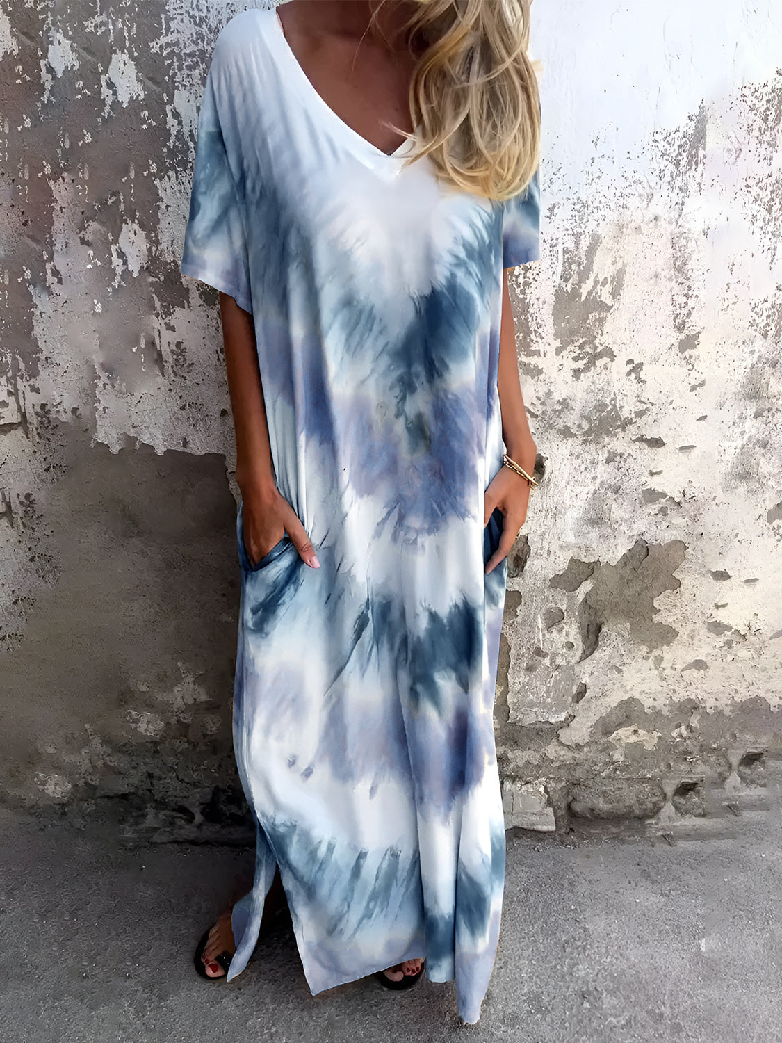 Full Size Pocketed Tie-Dye Short Sleeve Dress - Classique Collection