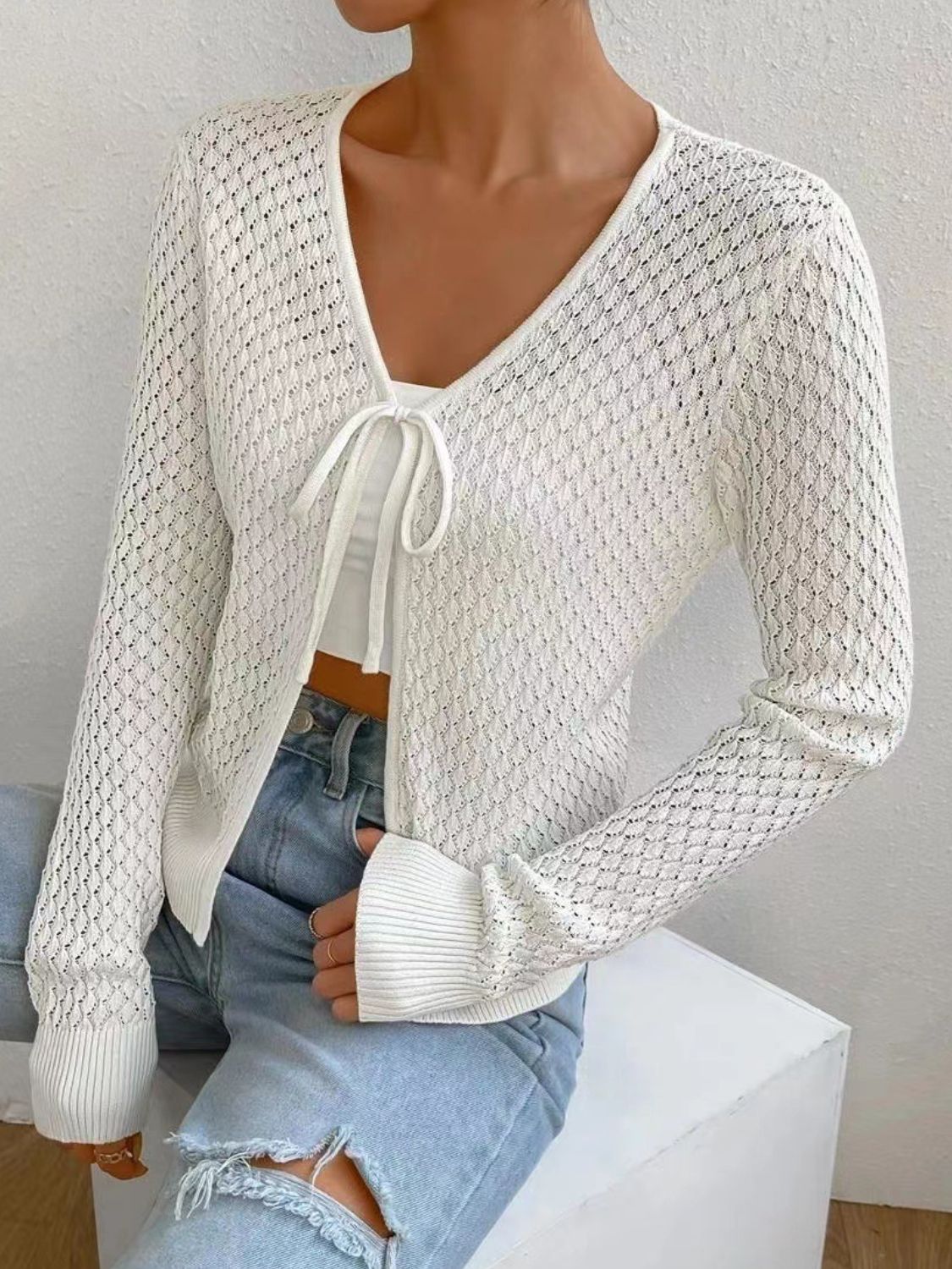 Tied Openwork V-Neck Long Sleeve Cardigan - ClassiQ