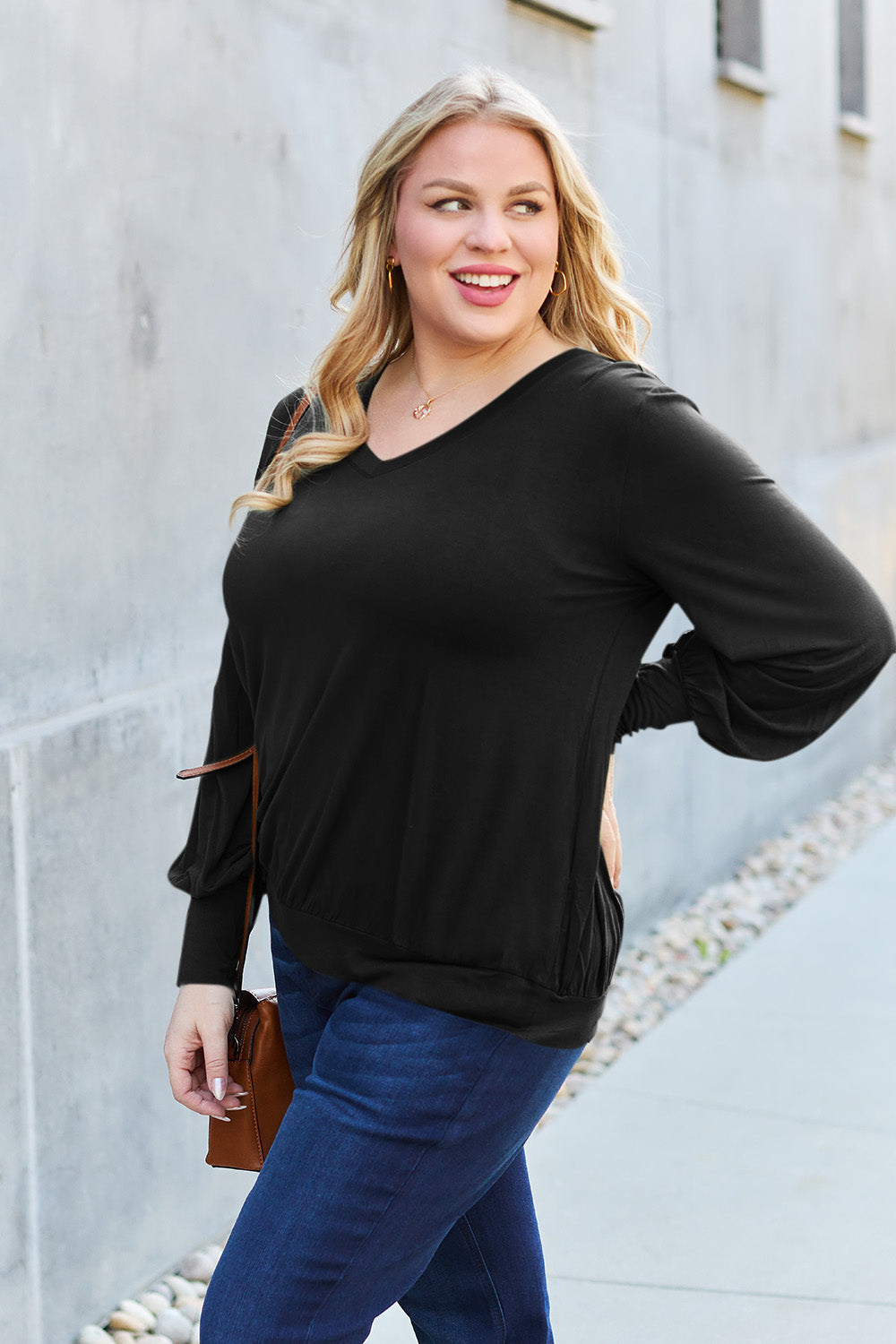 Basic Bae Full Size V-Neck Lantern Sleeve Top - Classique Collection