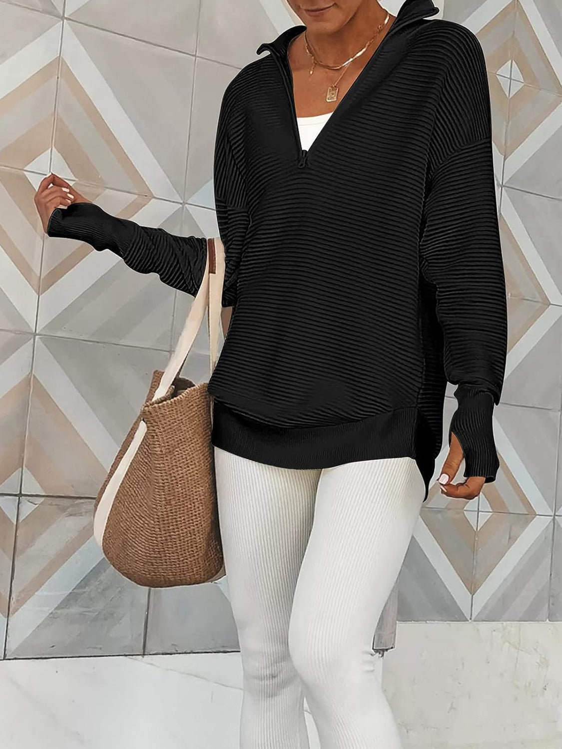 Half Zip Long Sleeve Knit Top - ClassiQ