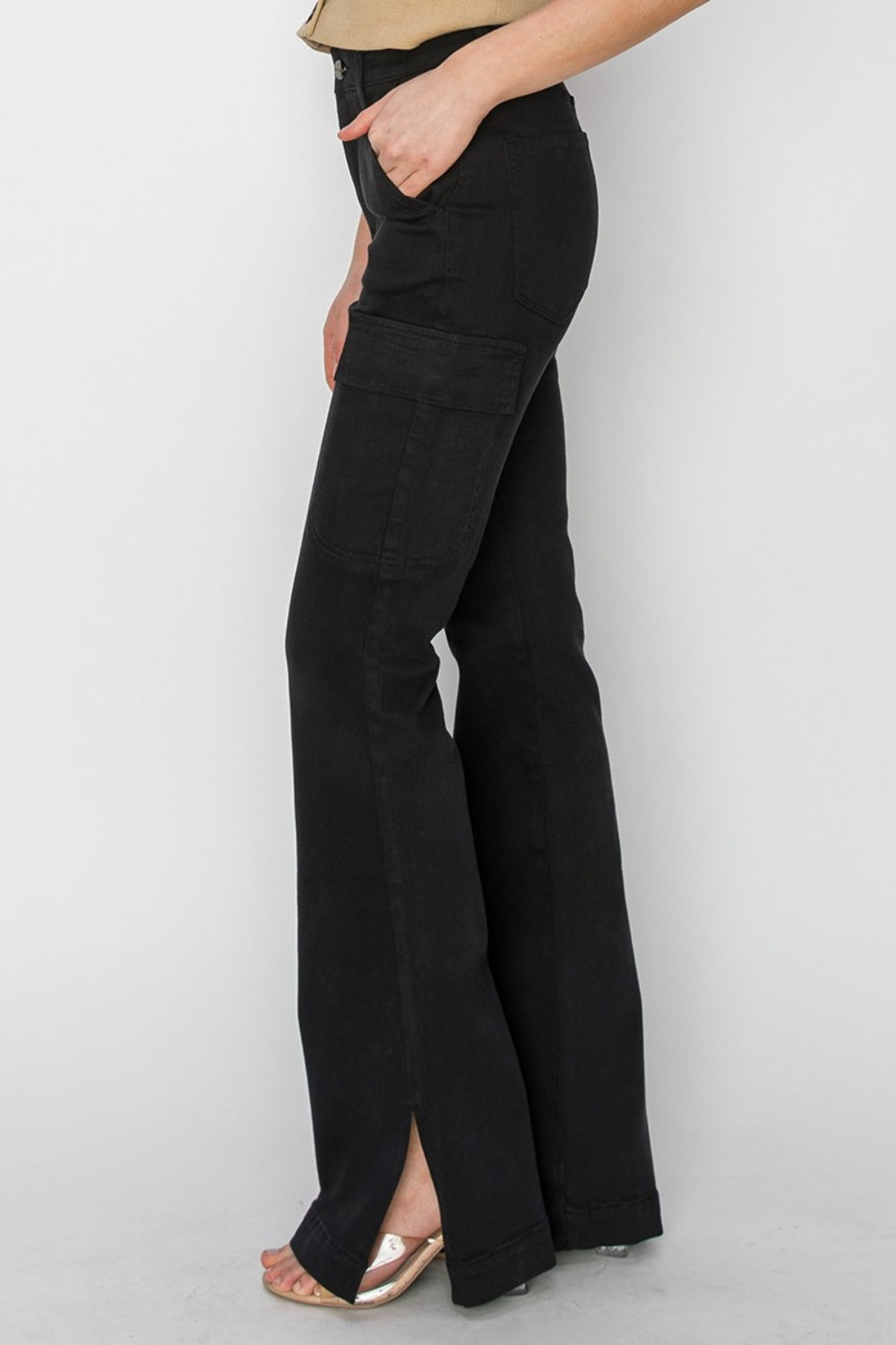 RISEN Full Size High Rise Side Slit Cargo Bootcut Jeans - Classique Collection