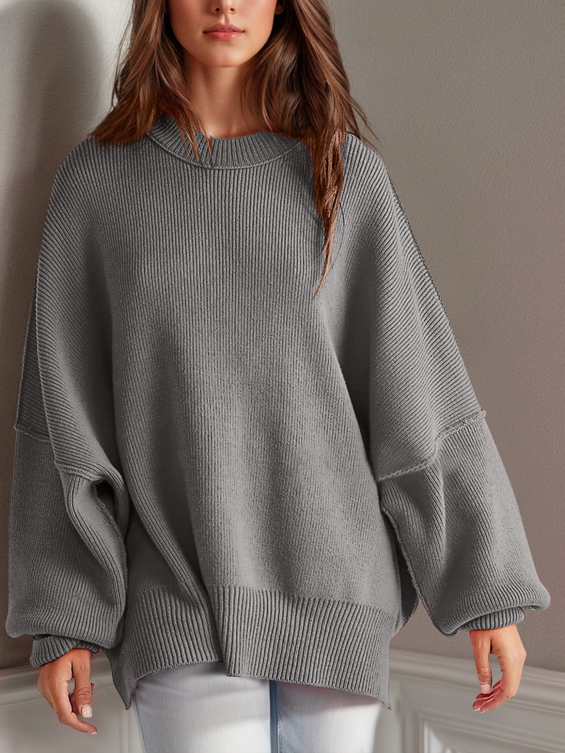 Double Take Side Slit Round Neck Long Sleeve Sweater - ClassiQ