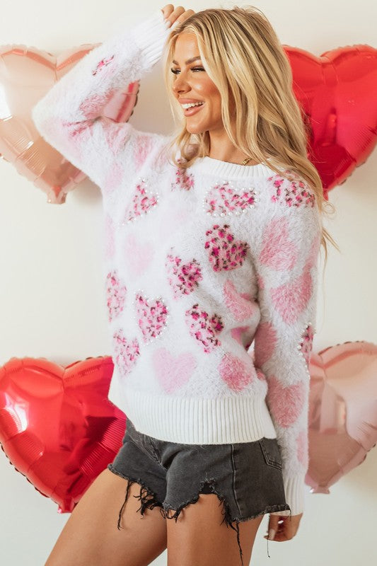 Pink Heart Leopard Print Pearled Sweater - Classique Collection