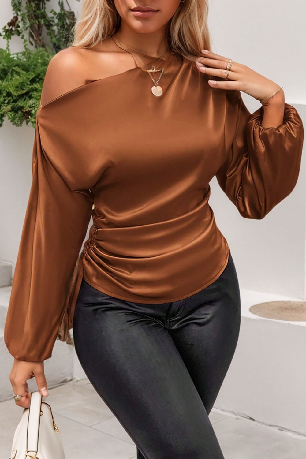 Drawstring One Shoulder Long Sleeve Blouse - Classique Collection