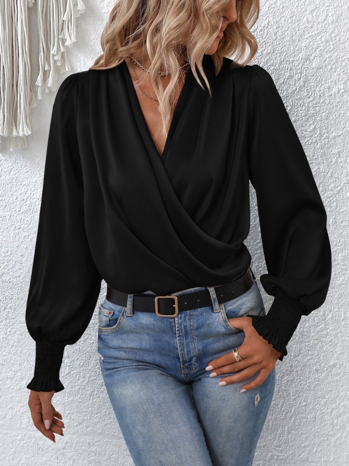 Surplice Smocked Lantern Sleeve Blouse - Classique Collection