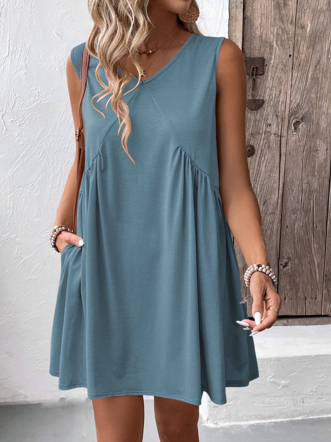 Ivy Lane Ruched V-Neck Sleeveless Mini Dress - Classique Collection
