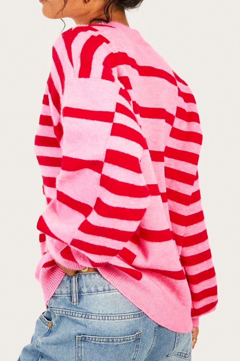 Striped Round Neck Dropped Shoulder Sweater - ClassiQ