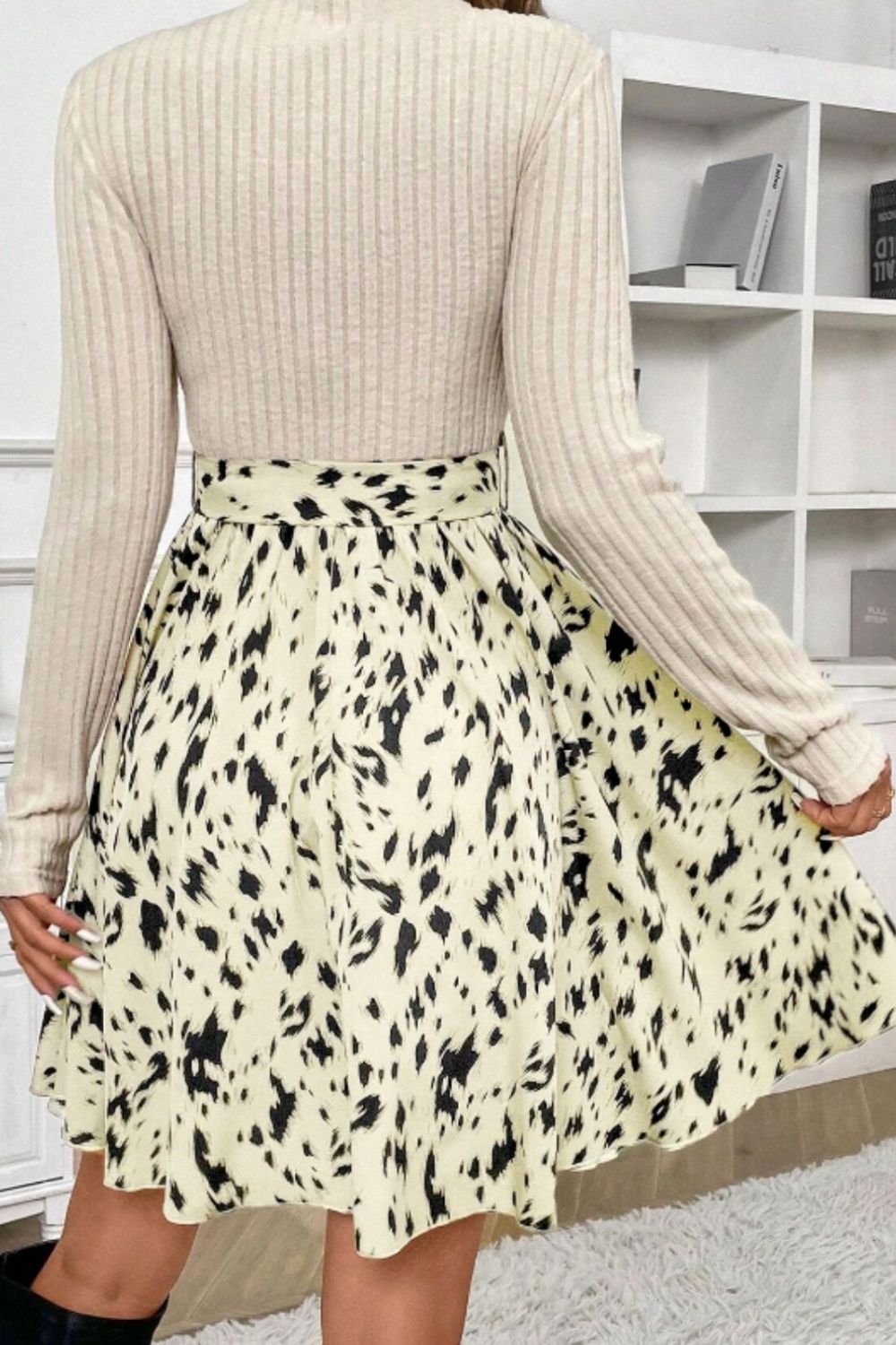Printed Tie Waist Mock Neck Long Sleeve Dress - Classique Collection