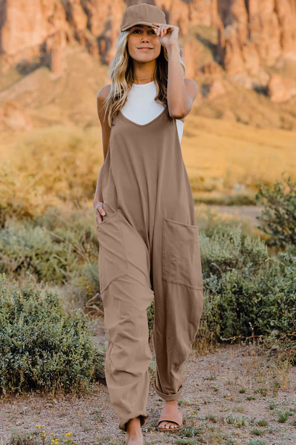 Double Take Full Size V-Neck Sleeveless Jumpsuit with Pockets - ClassiQ