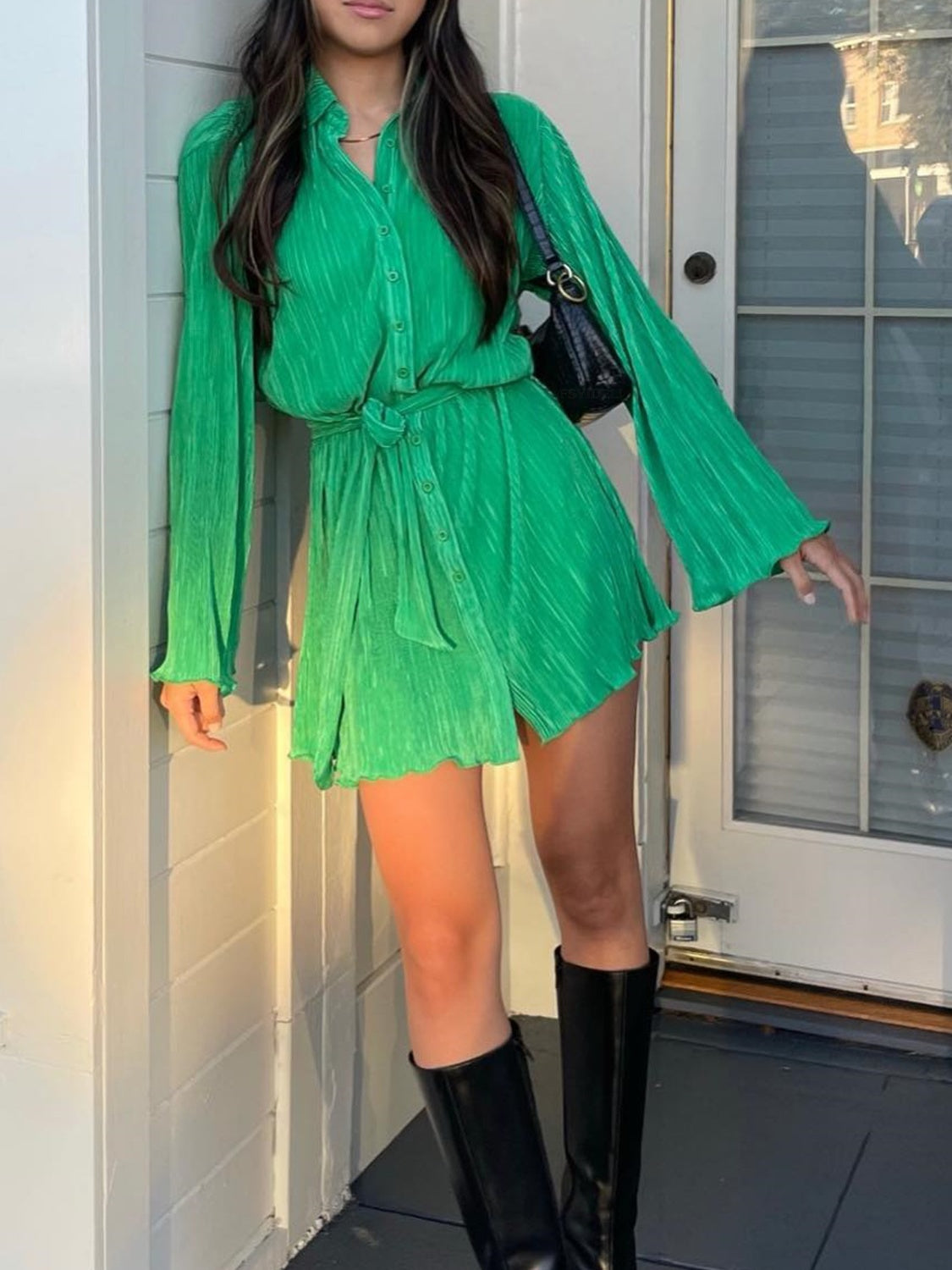 Tied Button Up Long Sleeve Dress - Classique Collection
