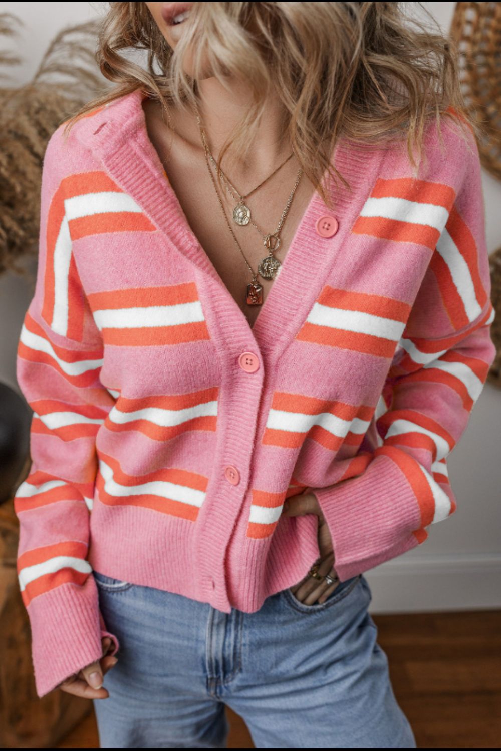 Striped Button Down Long Sleeve Cardigan - Classique Collection