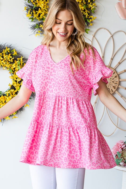 Heimish Full Size Leopard Ruffle Trim Short Sleeve Top - Classique Collection