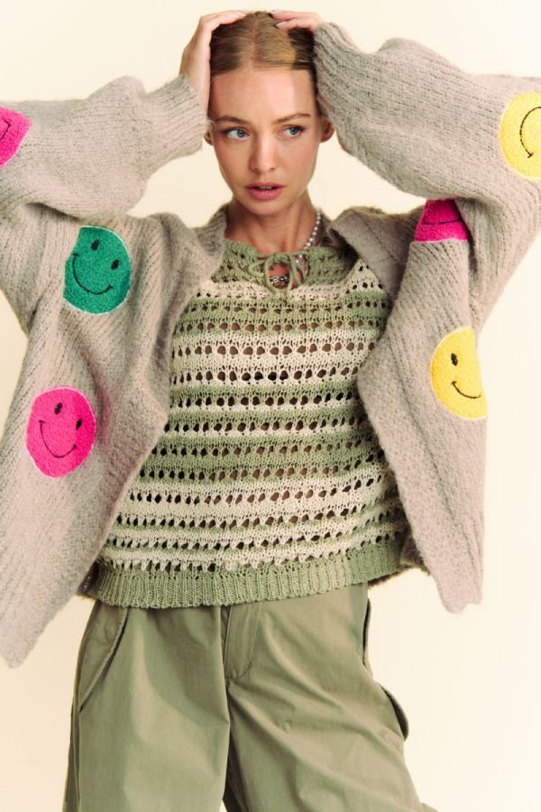 Davi & Dani Fuzzy Smile Open Front Long Sleeve Cardigan - Classique Collection