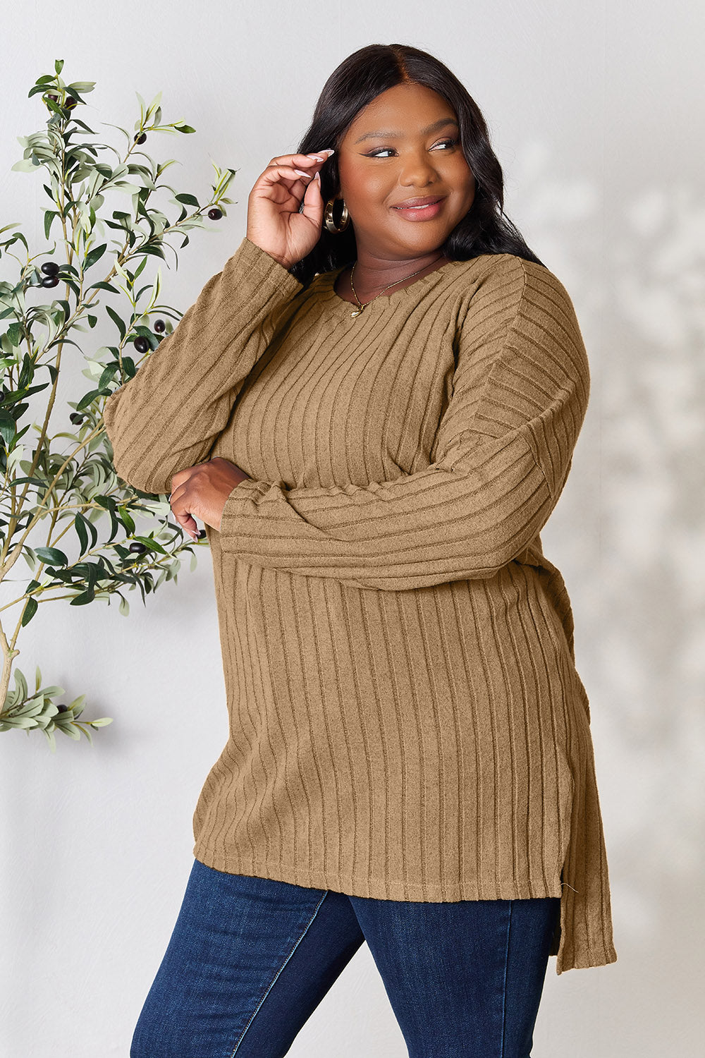 Basic Bae Full Size Ribbed Round Neck Long Sleeve Slit Top - Classique Collection