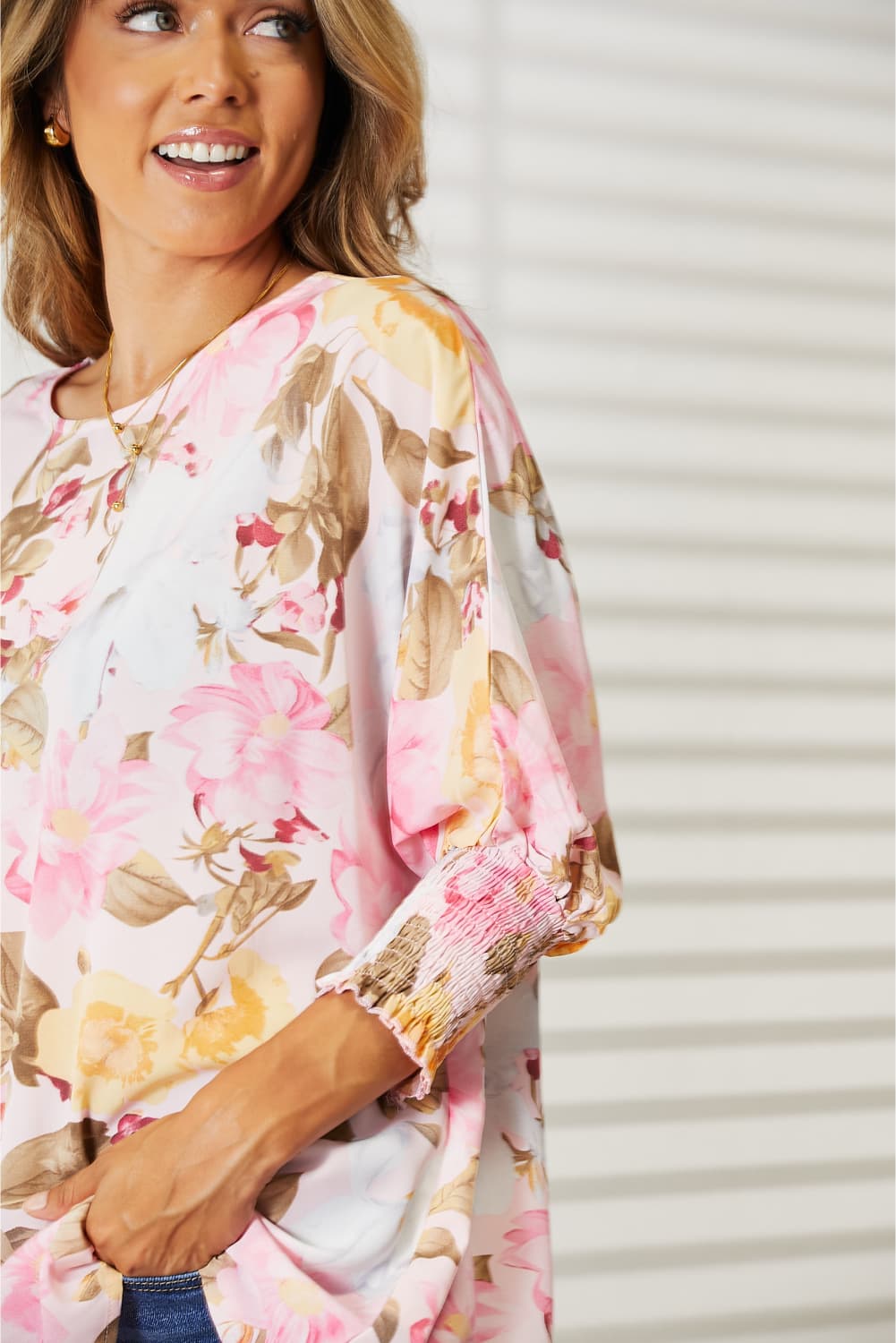 Double Take Floral Round Neck Three-Quarter Sleeve Top - Classique Collection