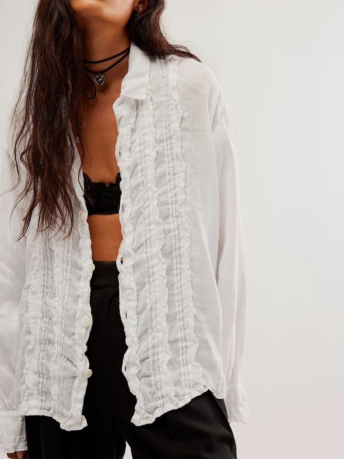 Frill Ruched Collared Neck Long Sleeve Shirt - Classique Collection