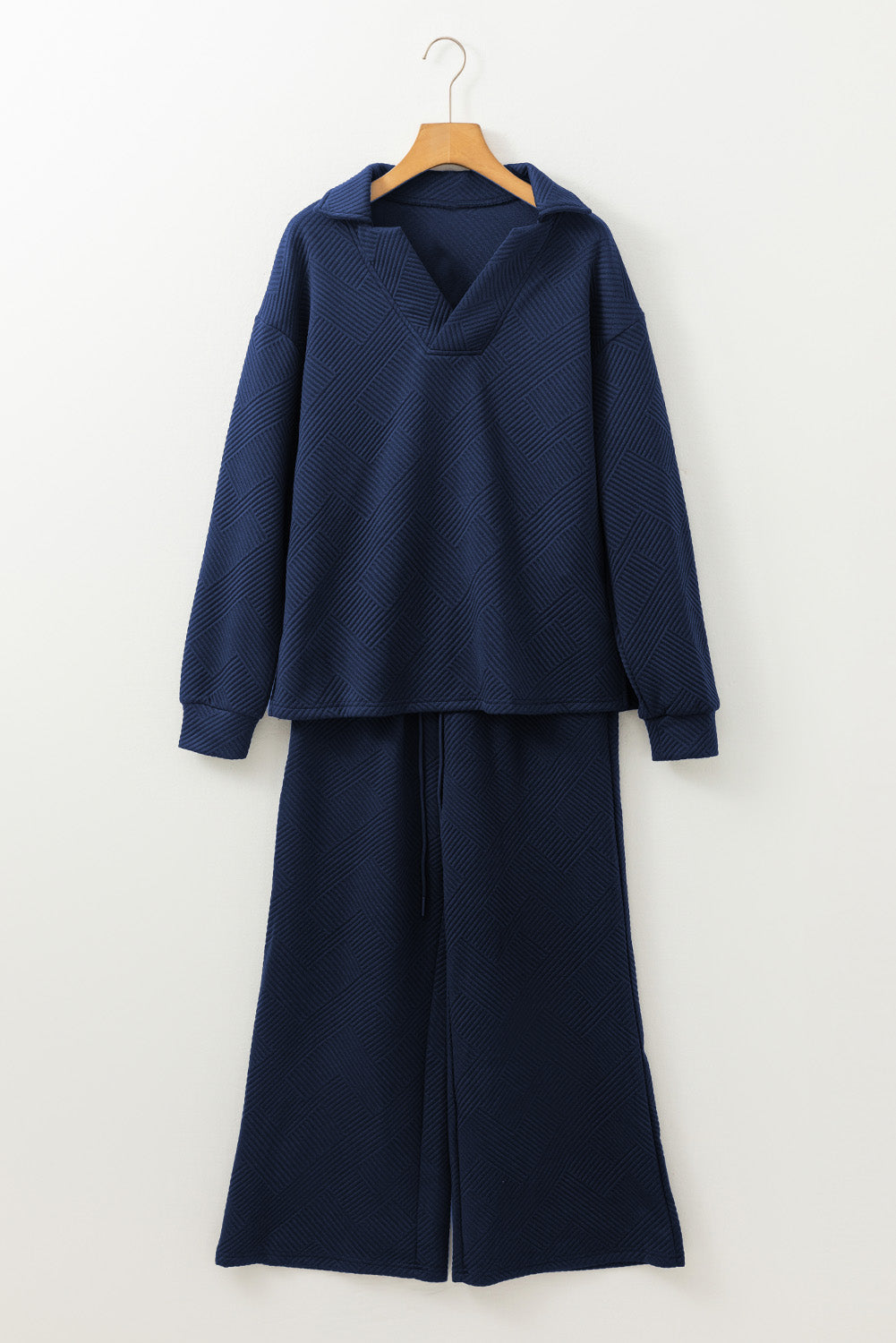 Textured Collared Neck Top and Wide Leg Pants Set - ClassiQ