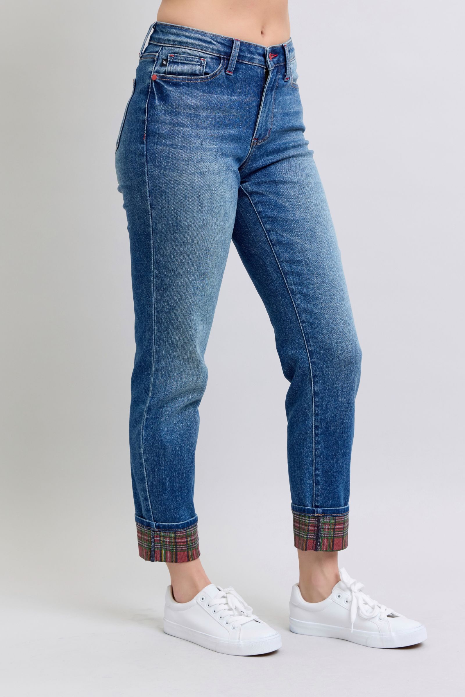 Judy Blue Full Size Plaid Print Cuff Straight Leg Jeans with Pockets - Classique Collection
