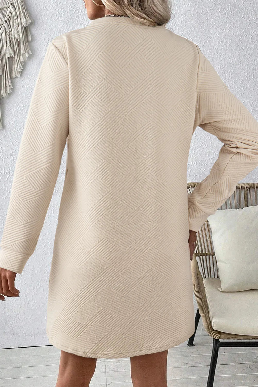 Textured Round Neck Long Sleeve Mini Dress - Classique Collection