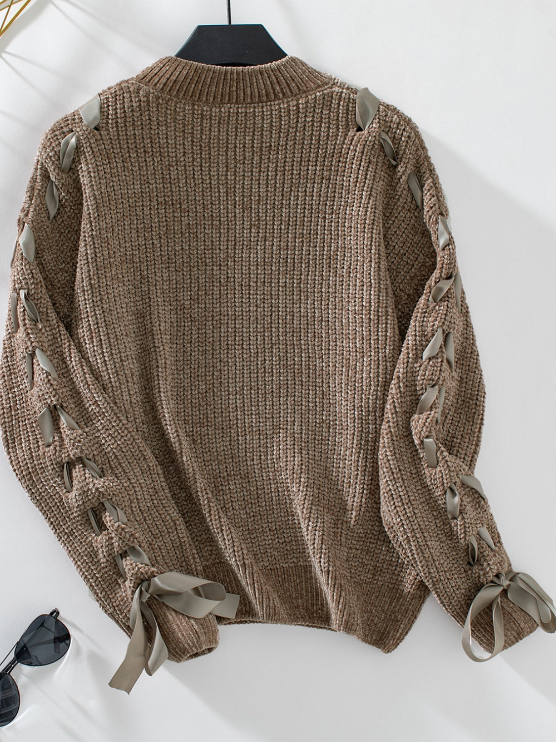 Lace Up Round Neck Long Sleeve Sweater - ClassiQ