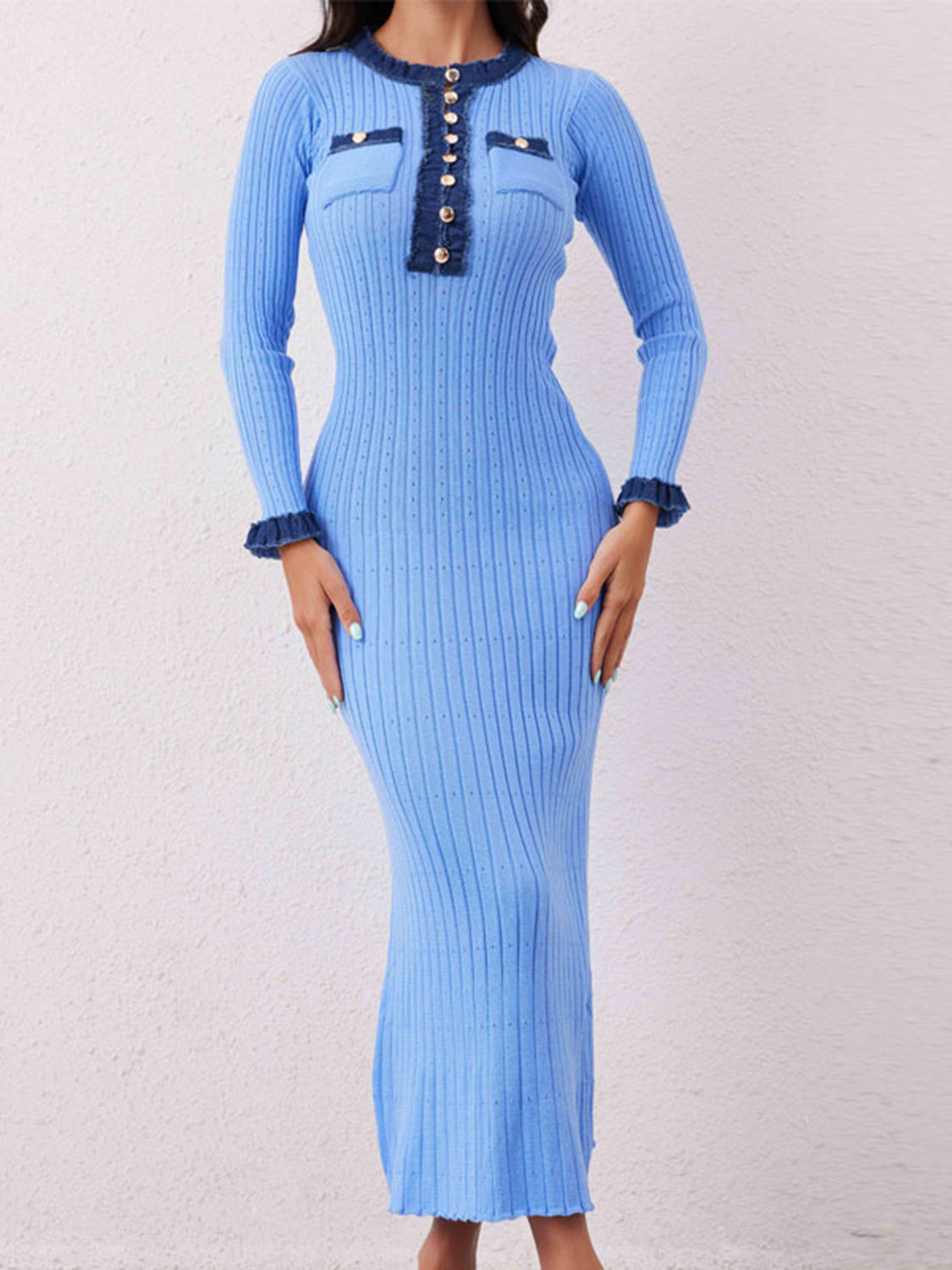 Contrast Trim Round Neck Long Sleeve Sweater Dress - Classique Collection