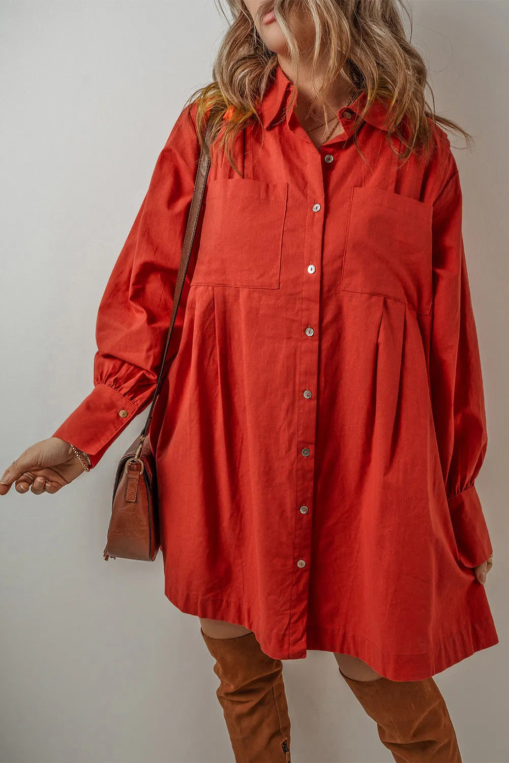 Pocketed Button Down Long Sleeve Shirt Dress - Classique Collection