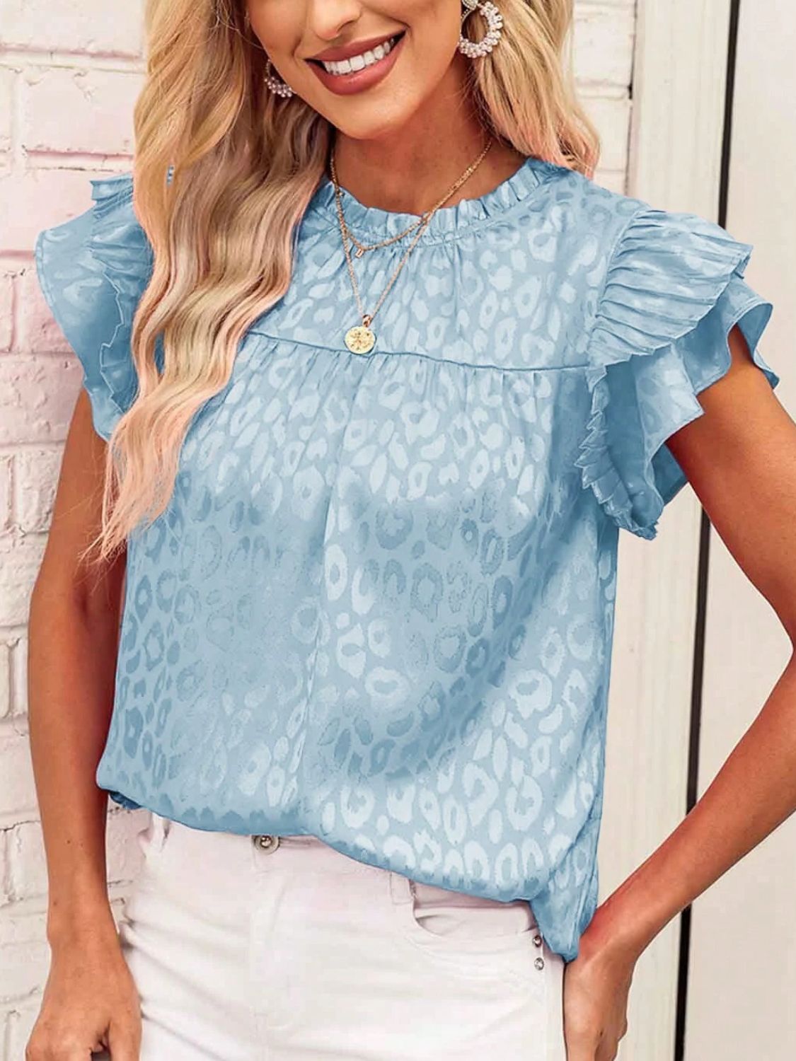 Leopard Frill Mock Neck Ruffled Cap Sleeve Top - Classique Collection