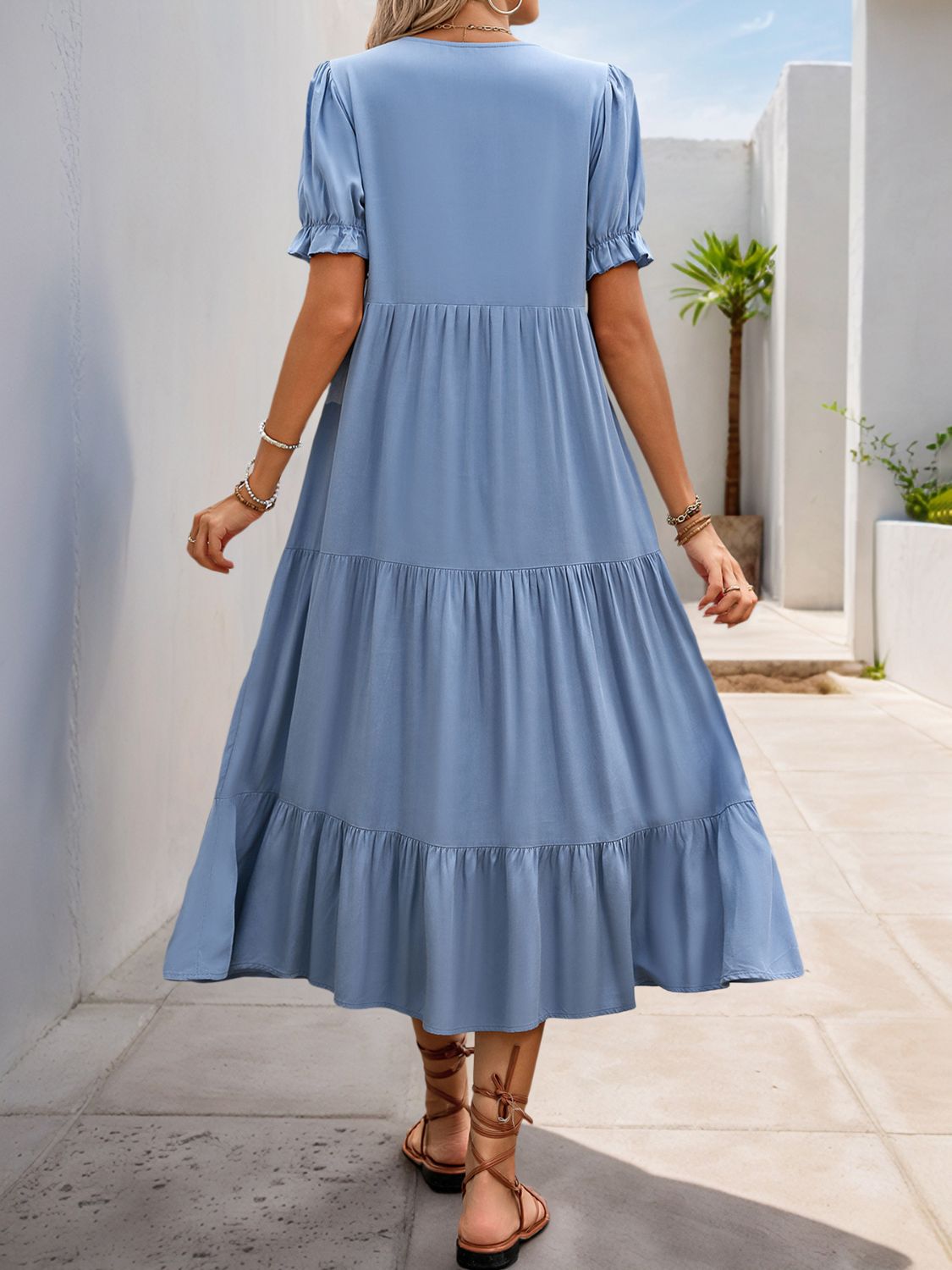 Perfee Decorative Button Notched Short Sleeve Midi Dress - Classique Collection