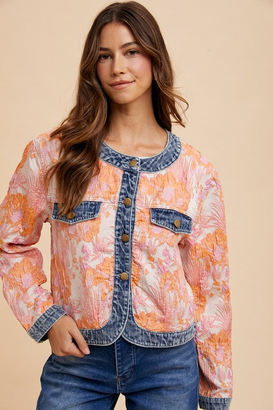Annie Wear Floral Jacquard Denim Contrast Button Down Jacket - ClassiQ
