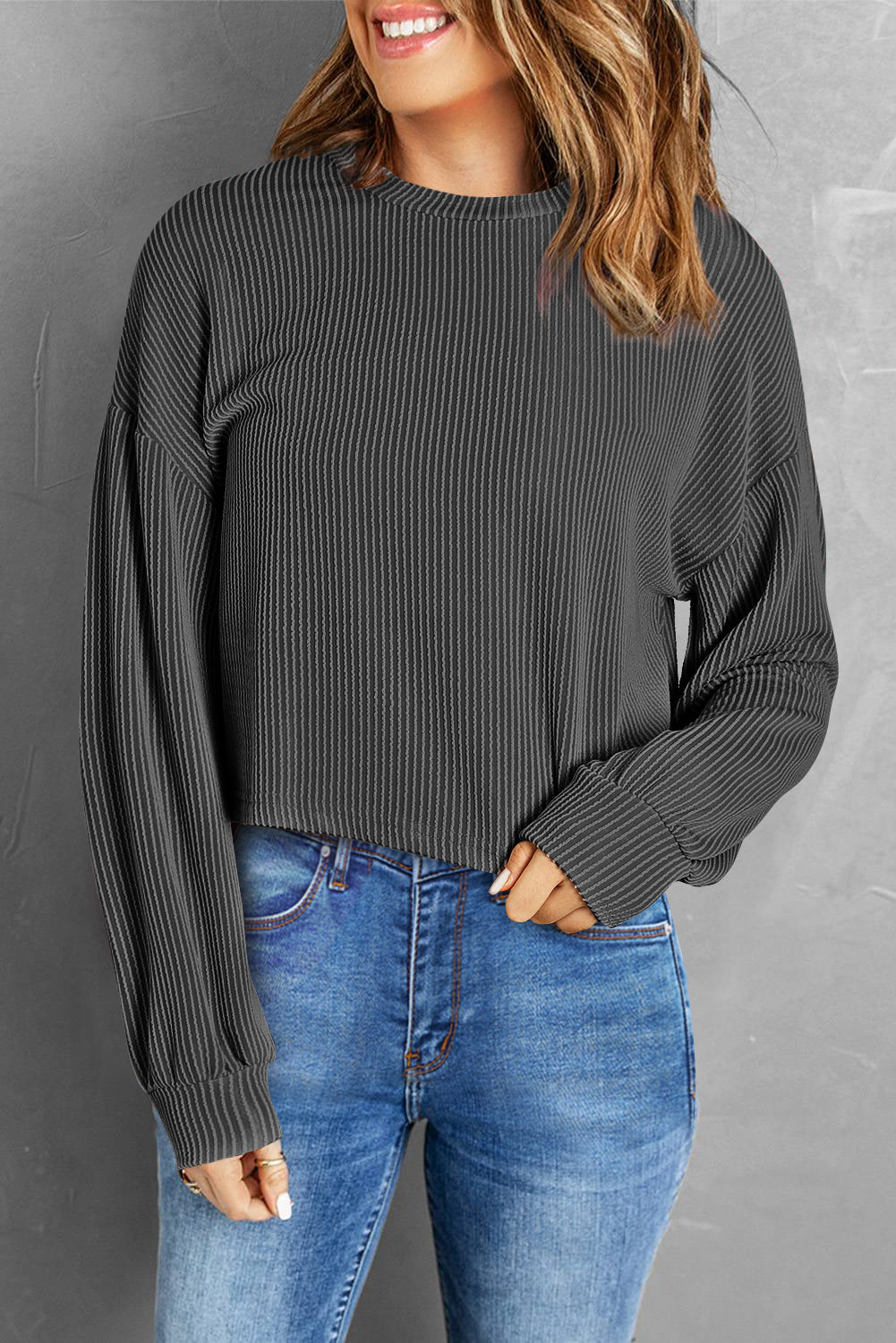 Round Neck Drop Shoulder Long Sleeve Top - Classique Collection